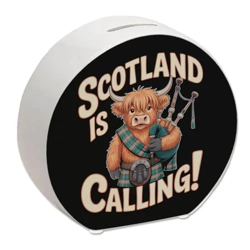 Scotland is Calling! Spardose mit Highland-Kuh-Motiv für Reiseliebhaber - lustiger Spruch für Schottland-Fans