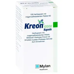 Kreon 10000 Kapseln - Arzneimittel zur Unterstützung der Verdauung bei Bauchspeicheldrüseninsuffizienz, mit magensaftresistenten Pellets für eine gezielte Freisetzung der Enzyme im Darm.