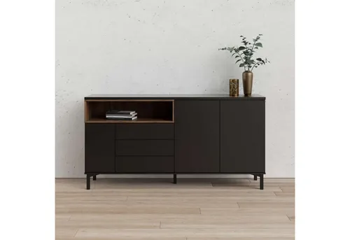 INOSIGN Sideboard Roommers - Elegante Anrichte mit Stauraum - Kommode in Schwarz/Walnuss mit 1 offenem Fach und Push-to-open-Funktion, ideal für modernes Wohnen und viel Stauraum.