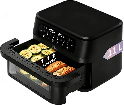 Haier Heißluftfritteuse Flex, 11 L Airfryer – Vielseitig Kochen mit 8 Funktionen - Heißluftfritteuse mit 11 L für XXL-Genuss, 8 Zubereitungsfunktionen und Sync-Funktion für gleichzeitiges Garen. Spülmaschinenfest und leicht zu reinigen.