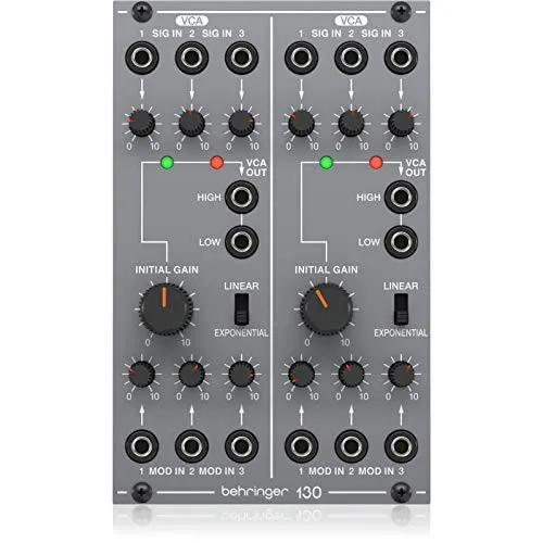 Behringer 130 Dual VCA - Eurorack-Modul für Studio & Recording, bietet zwei getrennt einstellbare VCAs mit drei Signaleingängen und umschaltbarer Kennlinie für maximale Flexibilität.