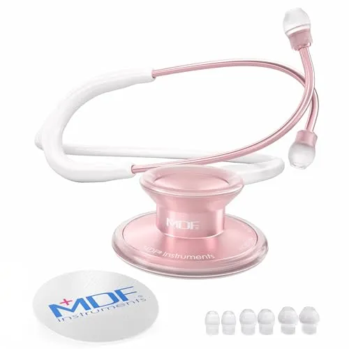 MDF Instruments, Acoustica Leichtes Stethoskop für Ärzte, Krankenschwestern, Studenten, häusliche Pflege, Erwachsene, Doppelkopf, weisses Schlauch, roségold Bruststück-Headset, MDF747XPRG29