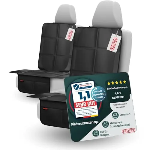 PROTEX© Kindersitzunterlage [Testsieger 2025] ISOFIX-geeignet | Wasserabweisender Polyester Stoff mit gepolsteter Sitzfläche | L (Doppelpack)