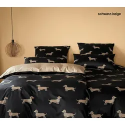 Elegante Bettwäsche Dogs - 155x220 cm schwarz-beige - Elegante Bettwäsche Dogs aus Mako Satin mit Dackel-Motiv. Ideal, um Ihrem Schlafzimmer einen besonderen Akzent zu verleihen. Hergestellt aus 100% Baumwolle, sorgt sie für eine angenehme Nachtruhe.