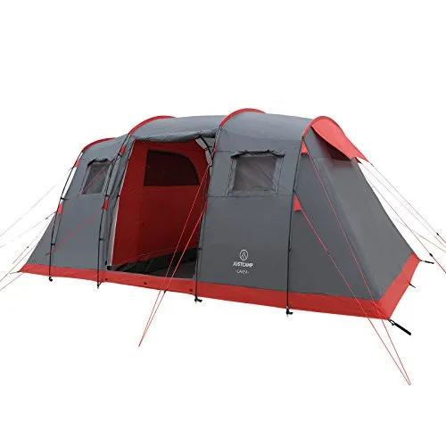 JUSTCAMP Lake 4 Campingzelt - Tunnelzelt für 4 Personen, stabil und wasserdicht mit zwei Schlafkabinen und Stehhöhe – ideal für Festivals und Familienausflüge.