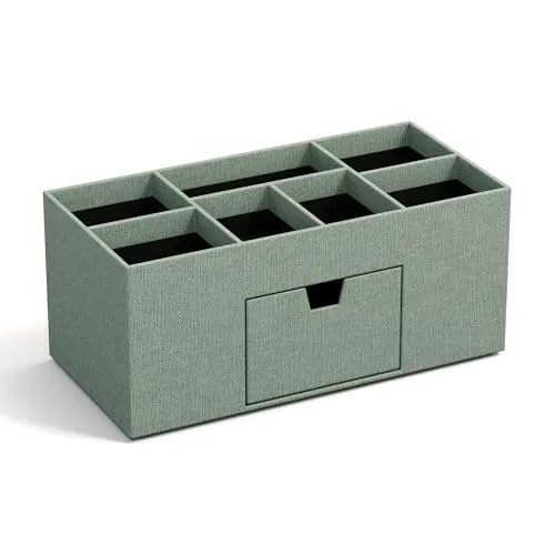 BIGSO VENDELA Schreibtisch Organizer mit 7 Fächern und Schublade – Ablagebox aus Faserplatte und Papier in Leinenoptik – Schreibtischset für Büromaterial – mintgrün