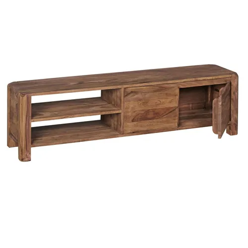 Lowboard Massivholz Sheesham 140 cm - TV-Board im Landhaus-Stil - TV-Halterungen mit großer Ablagefläche für Fernseher, 2 Fächer und Schublade, nachhaltig aus FSC® zertifiziertem Sheesham gefertigt, jedes Stück ein handgefertigtes Unikat.