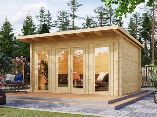 Fjordholz Gartenhaus Berlin 70 B Modern - Modernes Pultdach Gartenhaus mit stabilen 70mm Wandbohlen aus nordischer Fichte. Inkl. Doppeltür und bodentiefen Fenstern für optimale Lichtverhältnisse. Individuelle Anpassungen möglich. Jetzt in allen RAL-Farbtönen erhältlich!