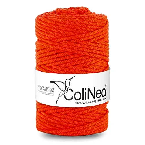 ColiNea Baumwollkordel mit Baumwollkern 5 mm 100m Baumwollgarn DIY Makramee Stricken Cotton Cord orange ideal für Makramee Handwerk Baumwollseil für Basteln