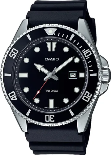Casio Herrenuhr MDV-107-1A1VEF - Wasserdicht bis 20 Bar - Herrenuhr mit schwarzem Zifferblatt und robustem Edelstahlgehäuse, ideal für Freitauchen. Genießen Sie die Vorteile von Neo-Display und langlebigem Resin-Armband.