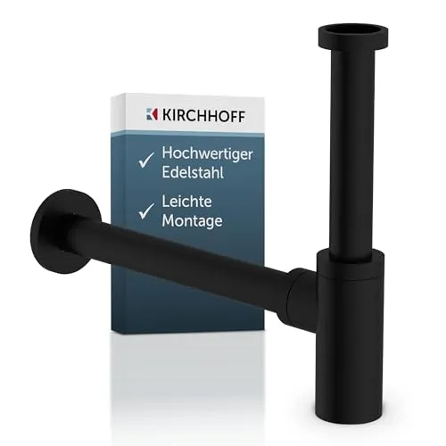 Kirchhoff Flaschensiphon für Waschbecken, Edelstahl schwarz matt - Robuster Flaschensiphon aus Edelstahl, 1 1/4 Zoll, mit Reinigungsöffnung für einfache Wartung. Ideal für Waschbecken und Waschtische, inkl. Dichtungen und Montageanleitung.
