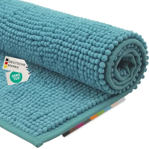 NYVI Badematte NYVISpa Chenille 50x80 cm Aqua Rechteckig - Badezimmerteppich - rutschfest, Saugfähig, Schnell Trocknend, Fußbodenheizung geeignet, Oeko-TEX, Waschbar, Weich