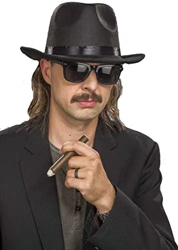 Udo Kostüm-Accessoires - Haarteil Braun & Fedora Hut - Vervollständige deinen „Panikrocker“-Look mit unserem Haarteil und Fedora-Hut. Das Haarteil mit 20 cm langen, braunen Haaren und der anpassbare graue Filzhut sorgen für den perfekten Auftritt bei Karneval und Mottopartys.