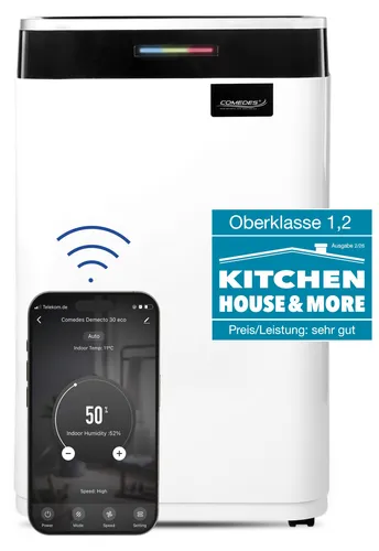 Comedes Luftentfeuchter Demecto 30 eco WIFI - Luftentfeuchter für Räume bis 115 m³ mit 25 l/Tag Entfeuchtung. Steuern Sie bequem via Smartphone-App und genießen Sie frische, trockene Luft.