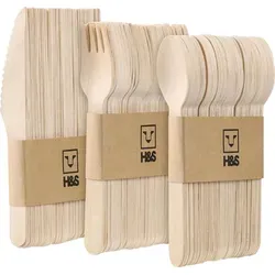 H&S Einweg Holzbesteck Set - 150 Stück Party Besteck - Je 50 Stück Löffel Messer Gabeln - Cutlery Set - Einwegbesteck stabil - Holzlöffel Messer - Braun