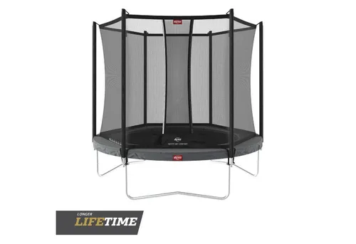 BERG Favorit Trampolin Regular 270 cm grau mit Safety Net Comfort - Premium Trampolin für Kinder, robust und sicher mit Goldspring-Solo-Federn für flexibles Springen und einfache Umplatzierung.