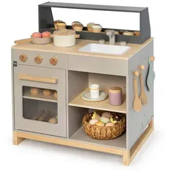 MUSTERKIND® Spielküche Prunus, warmgrau/natur - Spielmöbel aus FSC®-zertifiziertem Holz, ideal für kreative Rollenspiele ab 3 Jahren, mit drehbaren Bedienknöpfen und Wasserhahn.
