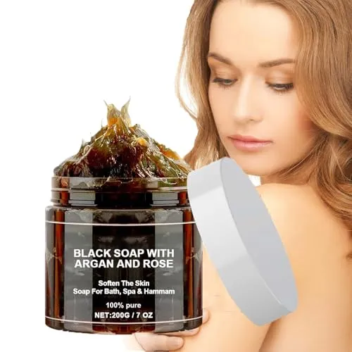 Schwarze Seife mit Argan und Rose,Marokko Körperpeeling,Organische Marokkanische Schwarze Seife,Morocco Black Soap,Zawina Moroccan Black Soap mit Handschuh,Morocco Black Beldi Soap