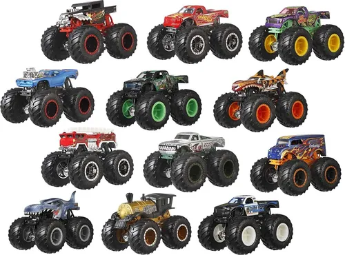 Hot Wheels GGC61 - Monster Trucks 12er-Pack - Baby- & Kleinkindspielzeug mit 12 klassischen Monster Trucks im Maßstab 1:64 für fantasievolle Crash-Action und eine umweltfreundliche reduzierte Verpackung.