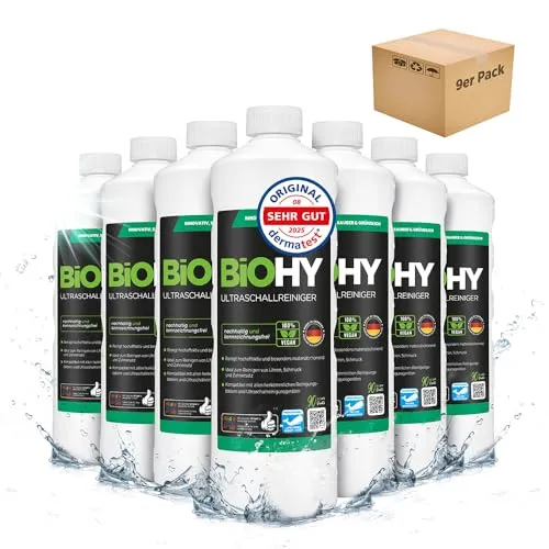 BiOHY Ultraschallreiniger (9 x 1 Liter) | Materialschonende Reinigung für Schmuck und Dentalprodukte - Effektiver Ultraschallreiniger für eine gründliche und schonende Reinigung von Uhren, Schmuck und Zahnersatz. Ideal für alle Ultraschallgeräte, entfernt mühelos Schmutz und Ablagerungen.