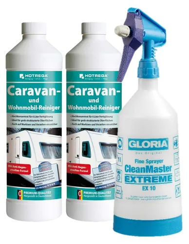 HOTREGA Caravan Wohnmobil Reiniger - Textil- und Markisenreiniger (2x 1L inkl. Sprühflasche) - Reinigungsmittel für Wohnmobile mit enormer Tiefenwirkung, ideal für grob strukturierte Oberflächen. Entfernt effektiv schwarze Regenstreifen, Vogelkot und mehr. Ergiebig und inklusive praktischer Sprühflasche.