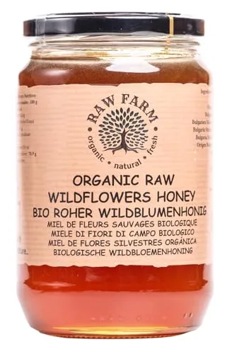 900g roher Bio-Wildblumenhonig - Raw Farm vom Imker - Bio-Wildblumenhonig aus Europa, frei von Zusatzstoffen und mit natürlicher Kristallisation. Perfekt für gesundheitsbewusste Genießer und ideal als Brotaufstrich.