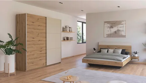 Schlafzimmer-Set RAUCH "Monza" 160x200 cm, braun - Komplettes Schlafzimmer-Set mit Schwebetürenschrank (Breite 218 cm) und Bett (160x200 cm) ohne Matratze. Pflegeleichte Holzwerkstoff-Oberfläche, ideal für modernes Wohnen.