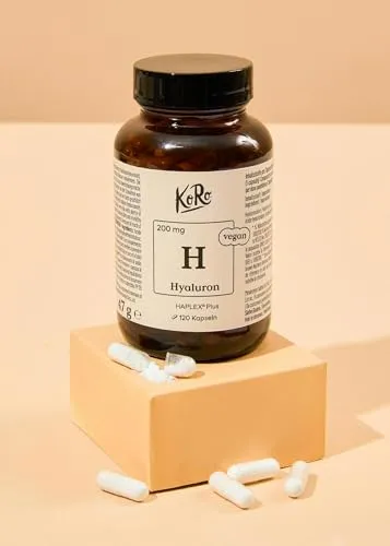KoRo Hyaluron Kapseln 120 Stück – Vegane Nahrungsergänzung - Hyaluron Kapseln mit 200 mg HAPLEX®Plus pro Kapsel. Ideal für eine vegane Ernährung, ohne Füllstoffe. Praktische 120 Stück für einen langen Vorrat. Unterstütze deine tägliche Ernährung!