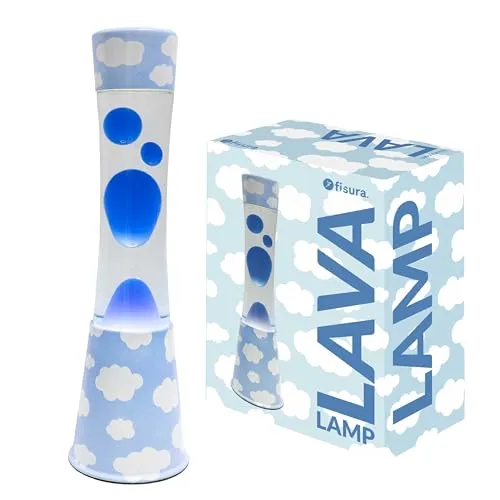 Fisura - Lavalampe "Wolken". Sockel mit Wolkenmuster, transparente Flüssigkeit und blaue Lava. Entspannender Effekt. Mit Ersatzglühbirne. 11 cm x 11 cm x 39,5 cm.
