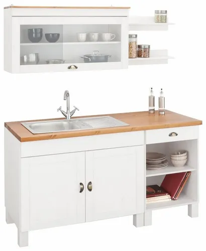 Pantryküche HOME AFFAIRE "Oslo" – Komplettküche in Weiß mit honigfarbener Arbeitsplatte - Küchenzeilen, stilvolles Design mit variabel stellbaren Schränken und einfacher Selbstmontage für Ihre Traumküche.
