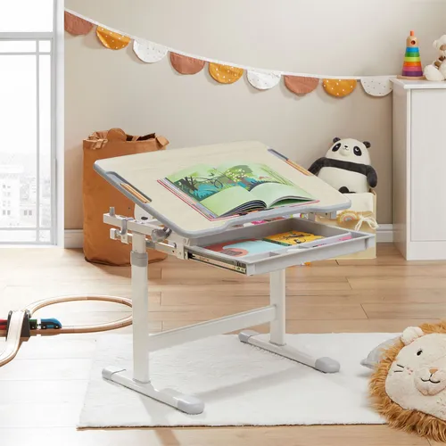 CARO-Möbel Kinderschreibtisch VITA - Höhenverstellbarer und neigbarer Kinderschreibtisch für ergonomisches Arbeiten, mit praktischer Schublade und Rucksackhalterung – ideal für jedes Kinderzimmer!