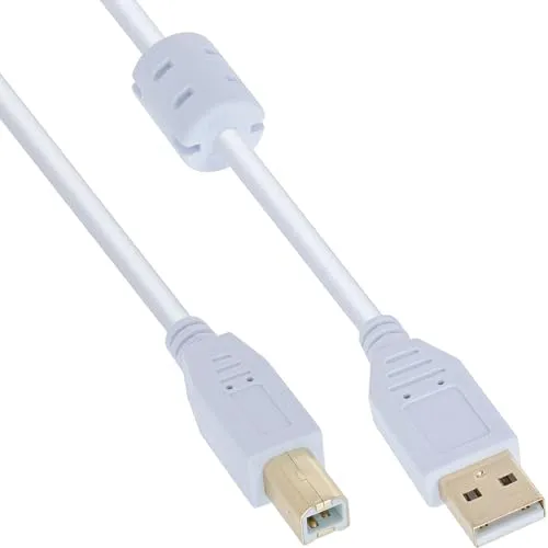 InLine USB 2.0 Kabel, A an B, weiß/gold, mit Ferritkern, 2m