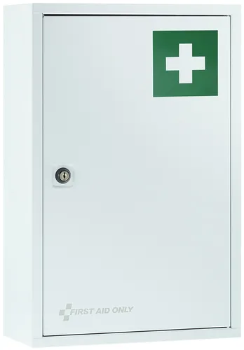 First-Aid-Only Verbandschrank DIN 13157 - Verbandsschrank aus Stahl, ideal für Betriebe mit bis zu 50 Mitarbeitern. Mit Sicherheitsschloss und geräumigem Innenraum für optimale Erste-Hilfe-Ausstattung.