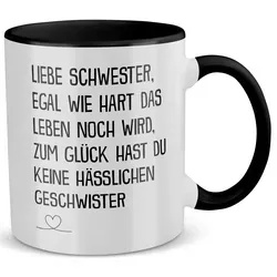 22Feels Tasse Schwester Geschenk Geburtstag Weihnachten Geschwister Mädchen Frauen, Keramik, Made in Germany, Spülmaschinenfest, Zweifarbig schwarz|weiß
