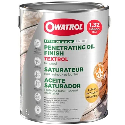 Owatrol Textrol Holzöl farblos 5L - Transparenter Wetterschutz - Lacke - 5L Holzöl für optimalen Wetterschutz, ideal für Holzoberflächen im Außenbereich. Schützt vor Witterungseinflüssen und erhält die natürliche Schönheit des Holzes.