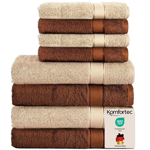 Komfortec 8er Handtuch Set aus 100% Baumwolle - Frottiertuch Set mit 4 Badetüchern (70x140 cm) und 4 Handtüchern (50x100 cm) in Braun/Beige, hautsympathisch, flauschig und saugstark – für besten Wohlfühl-Komfort.