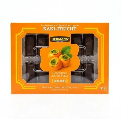 Kandierte Kaki (Persimone) mit Bitter-Konfiserie überzogen – 22% Kakianteil – Einzeln verpackt – Wiederverschließbare Verpackung – Orientalische Süßware 240 g
