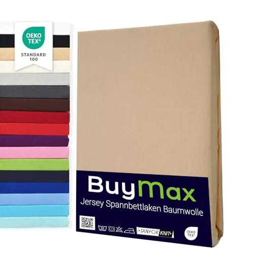 Buymax Topper Spannbettlaken 200x200 cm Spannbetttuch 100% Baumwolle Jersey für Matratzentopper bis 12 cm Matratzenhöhe Bettlaken für Boxspringbett Topper, Beige Sand