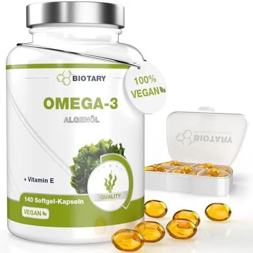 BIOTARY Omega 3 Vegan aus Algenöl – 140 Softgel Kapseln - Entdecken Sie BIOTARY Omega 3 Algenöl: 140 pflanzliche Softgel Kapseln für ca. 3 Monate. Hohe Bioverfügbarkeit mit 600mg DHA und 300mg EPA pro Tagesdosis. Vegan und laborgeprüft, ideal für eine bewusste Ernährung.