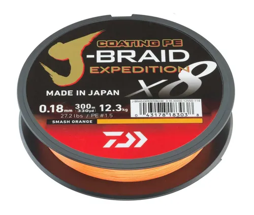 Daiwa J-Braid Expedition 300m - Smash Orange - Hochwertige geflochtene Angelschnur, extrem glatt durch Silikonbeschichtung, hohe Knotenfestigkeit und Langlebigkeit für anspruchsvolle Fischer.
