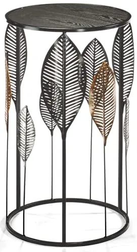 Kobolo Beistelltisch PIANTA aus Metall und Holz - Eleganter Beistelltisch mit stabilem Metallgestell und kunstvollen Blättern in Schwarz, Silber und Gold. Ideal für die Präsentation von Deko oder als praktische Ablage im Wohnzimmer.