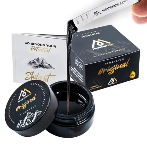 Mountaindrop Mumijo Shilajit Original Himalayas 45g - Traditionelles Nahrungsergänzungsmittel mit über 85 aktiven Nährstoffen, handgeerntet im Himalaya und laborgeprüft für höchste Qualität. Einfache Anwendung für deinen täglichen Bedarf.
