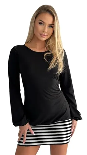 Mississhop 5-78 Damen Minikleid Kleid Tunika mit schwarzen Streifen Schwarz L