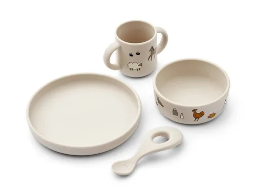 Liewood Kindergeschirr Set Vivi - Silikon, Bauernhof/Sandy - Robustes Kindergeschirr Set aus hochwertigem Silikon, bruchsicher und ideal für kleine Hände. Fördert die Selbstständigkeit beim Essen und ist umweltfreundlich – perfekt für junge Familien.