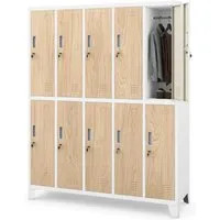 DELUKE Umkleideschrank Spind BERLIN – 10 Abteile, Weiß-Sonoma Eiche - Robuster Metallspind mit 10 abschließbaren Fächern – ideal für sichere und hygienische Aufbewahrung in Büros, Schulen und Fitnessbereichen. Langlebig und einfach zu montieren, bietet er optimalen Stauraum für persönliche Gegenstände.