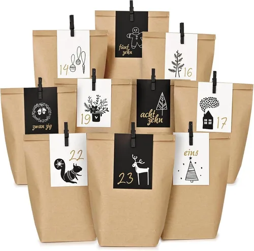 Adventskalender Kraftpapiertüten mit Weihnachtskarten - DIY Bastelset