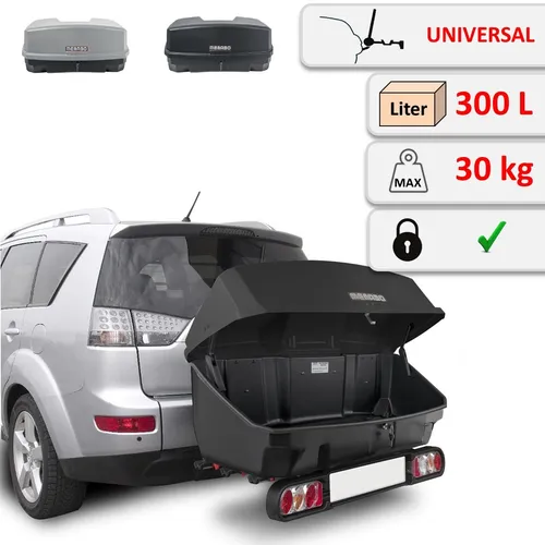 Universelle Lastenbox NEKKAR für AHK-Heckträger von MENABO - Praktische Transportbox mit 300 Liter Volumen, Anti-Diebstahlschloss und verstellbaren Quick-Release-Gurten. Ideal für sicheren Transport, maximale Traglast von 30 kg und 3 Jahre Herstellergarantie.