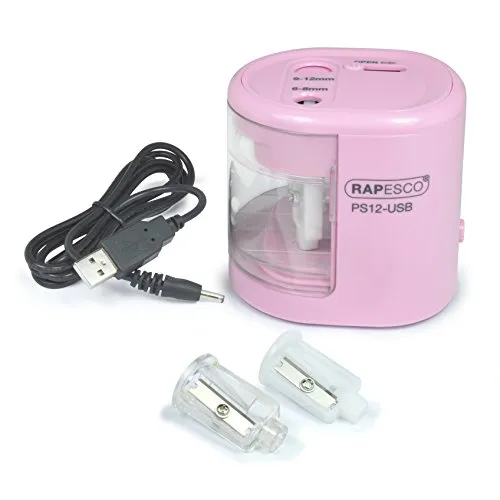 Rapesco 1446 PS12-USB Automatischer/Elektrischer Spitzmaschine, Ladung durch Batterie (nicht enthalten) oder USB, Rosa
