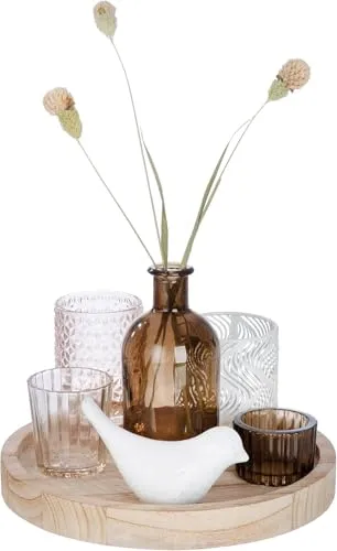 GILDE 7 teiliges Geschenkset – Deko Teelichthalter mit Tablett - Nussknacker Deko-Set für Wohnzimmer: 7-teiliges Set mit stilvollen Teelichthaltern, Vase und Dekovogel in Braun- und Naturtönen, ideal für verschiedene Einrichtungsstile und Anlässe.