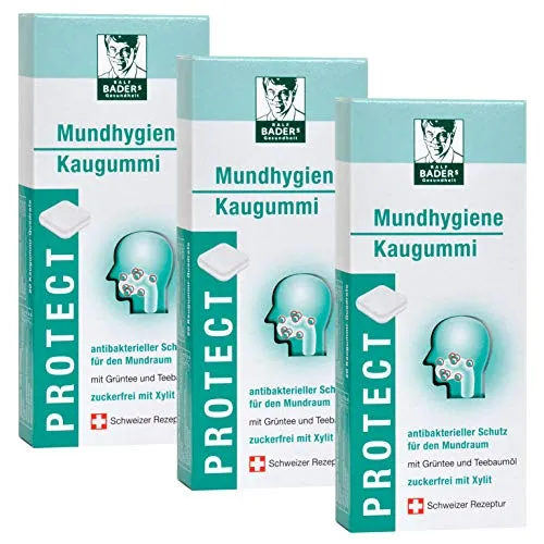 BADERs PROTECT Mundhygiene Kaugummi aus der Apotheke. Antibakterieller Schutz für den Mundraum mit Teebaumöl, Grüntee und Xylit. 3 x 20 Kaugummi-Quadrate